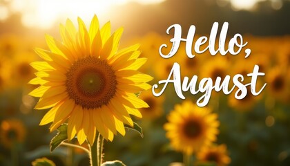 Vibrant sunflower field bathed in warm sunlight, with a prominent sunflower in the foreground. Inscription Hello August welcomes the late summer season.