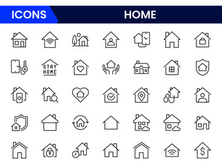 Cozy vector web line icons depicting home elements, decor, comfort, family living, and modern residential lifestyle essentials.