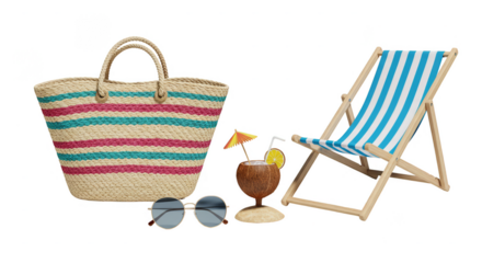 Isolated 3D Beach Chair Bag Sunglasses and Cocktail for Tropical Vacation
