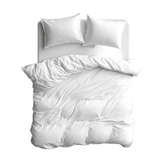 A cozy, unmade bed with soft white linens and fluffy pillows, invites relaxation and restful sleep.