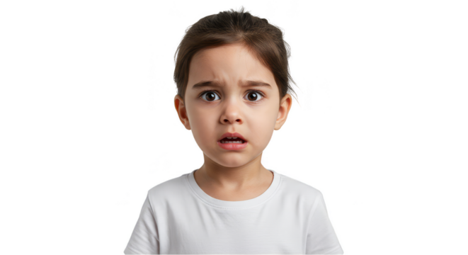 Isolated Portrait Of Scared Young Child With Curly Hair On Transparent