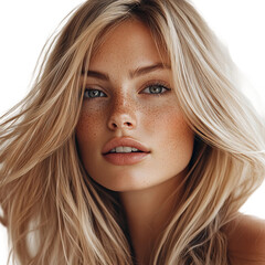 A radiant young woman with flowing blonde hair and a captivating gaze, her natural beauty enhanced by freckles. An intimate portrait that embodies modern grace and serenity.