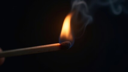 burning match on black background, match burns on a black background