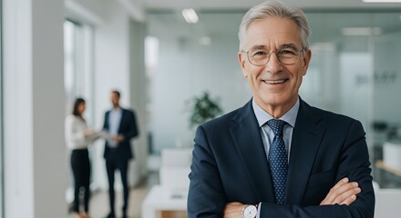 Fototapeta premium A distinguished business executive exudes confidence and experience, his warm smile reflecting a composed yet inviting demeanor. The office setting underscores a professional ambiance.