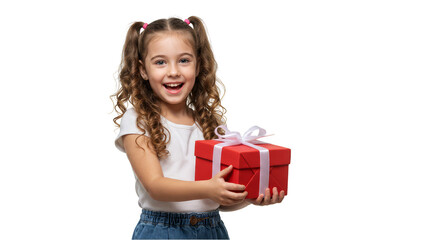 Isolated Portrait of Joyful Girl Holding Red Gift Box Transparent Background
