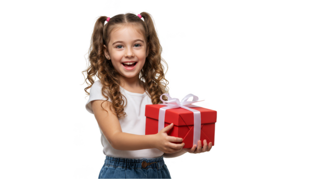 Isolated Portrait of Joyful Girl Holding Red Gift Box Transparent Background