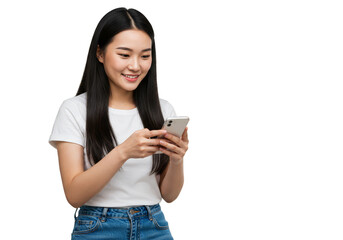 Isolated Portrait of a Smiling Asian Woman Using Smartphone on Transparent