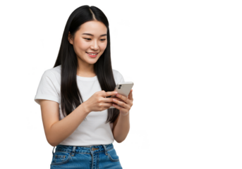 Isolated Portrait of a Smiling Asian Woman Using Smartphone on Transparent