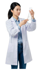 Isolated Portrait of Woman Scientist Holding Flask Experiment on Transparent
