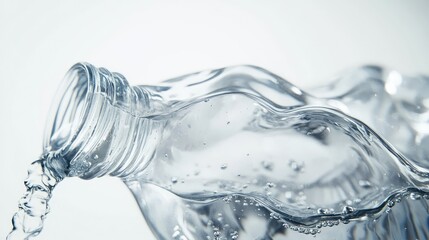 Clear Water Flowing from a Plastic Bottle with Rippling Texture and Blue Background, Evoking Freshness and Hydration for Purposes of Eco-Friendly Lifestyle and Wellness