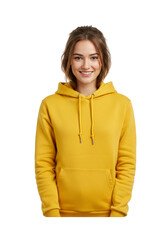 Isolated Portrait Of Young Woman With Curly Hair Smiling And Wearing Yellow Hoodie