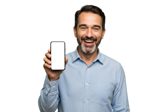 Isolated Portrait Of Man Happily Holding Up Smartphone Mockup