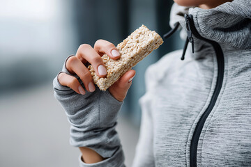 unrecognizable woman eating protein bar on a break from sports training