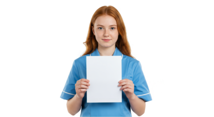 Isolated Portrait of Nurse Holding Paper with Red Hair on Transparent