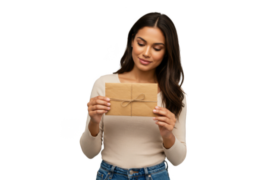 Isolated Portrait of Woman Holding Brown Invitation Envelope on Transparent