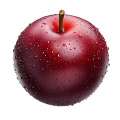 A perfectly round, ripe plum glistens with fresh droplets, showcasing its vibrant color and smooth skin.