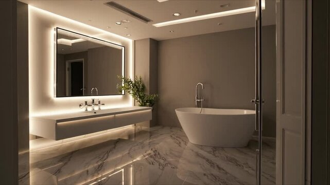 Modern bathroom elegance with large mirror, floating vanity, freestanding bathtub, marble floor, and illuminated mirror