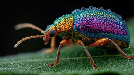 Naklejka premium Vibrant iridescent beetle covered in dew drops perched on a green leaf in macro