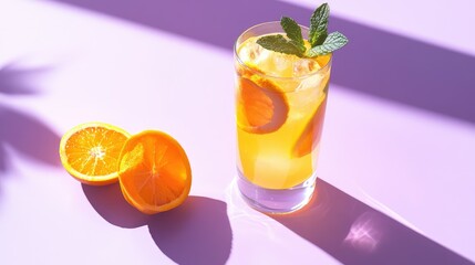 Refreshing Citrus Drink with Mint and Orange Slices, Perfectly Served in a Tall Glass on a Trendy Purple Background for Summer Vibes and Hygge Moments