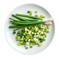 Fresh, vibrant scallions are elegantly displayed on a clean, round plate, offering a captivating visual representation of culinary preparation, showcasing the natural beauty of the produce.