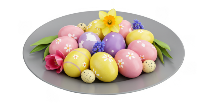Isolated Still Life Easter Eggs with Spring Flowers on Plate Decor