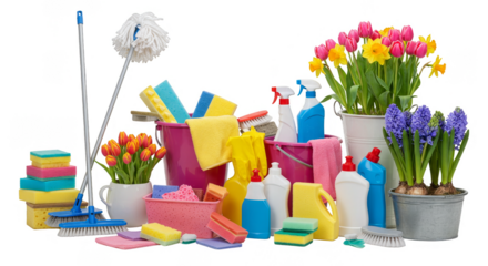 Isolated Still Life of Cleaning Supplies And Colorful Spring Flowers