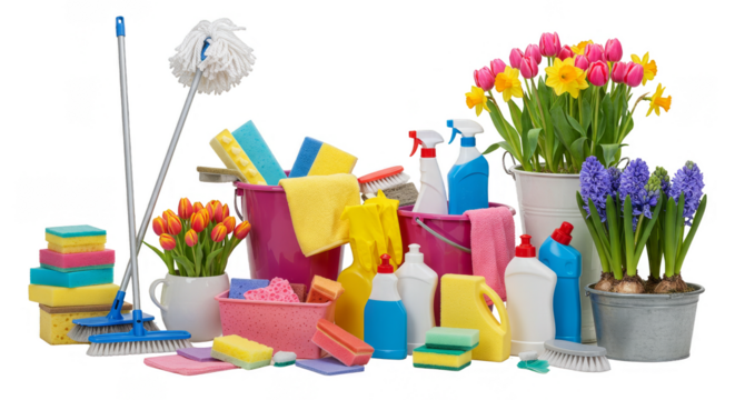 Isolated Still Life of Cleaning Supplies And Colorful Spring Flowers