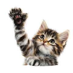 A charming fluffy kitten playfully raises its paw in a friendly gesture, exuding pure innocence and playful energy. Capturing the essence of feline charm.