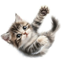 A curious kitten raises a paw in playful motion. A captivating image of an adorable cat in a whimsical moment, captured with charm and detail.