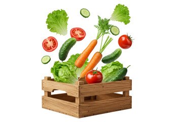 Isolated Still Life Of Vibrant Fresh Vegetables In Wooden Crate PNG