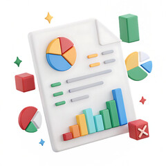 Colorful 3d render of business charts and data on a white paper concept