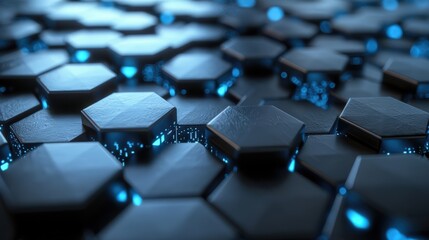 Obraz premium Dark hexagonal texture with blue glowing edges.
