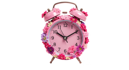 Isolated Alarm Clock Embellished with Pink Flowers on Transparent Background