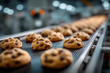 Chocolate chip cookies move along a conveyor belt in a food production factory; fresh baked goods industry