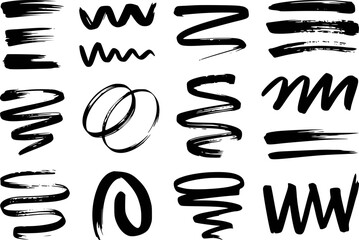 Black brush strokes set on white background hand drawn elements