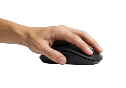 Isolated Studio Shot of Hand Holding Black Wireless Mouse on Transparent