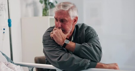 Sad, couple and senior man by hospital bed with cancer patient, illness or thinking of coma. Clinic, visitor and sick person with disease, depression or frustrated with worry for healthcare recovery - Powered by Adobe