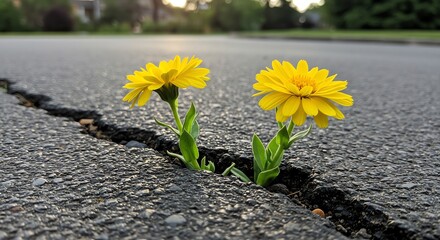 Flowers growing through crack in asphalt road