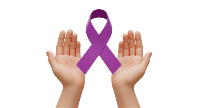 Isolated Rendered Purple Ribbon Placed on Hands for Cancer Awareness Concept