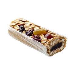 A single nutritious granola bar, bursting with wholesome ingredients such as oats, dried fruits, and nuts, offers a tempting and health-conscious snack option.