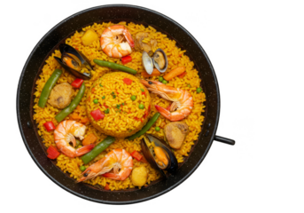 Isolated Top View Paella Seafood Rice Dish Shrimp and Mussels on Pan