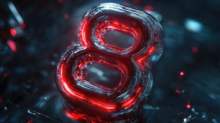 Futuristic Glass Number Eight in Neon Red and Blue Lights on Abstract Background, Ideal for Technology and Digital Concepts Illustrations