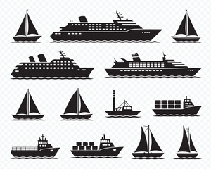 Vector set of cargo ships cruise liners and sailing boats