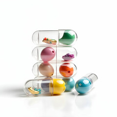 A stack of collectible toy capsules with clear lids revealing mystery items inside.