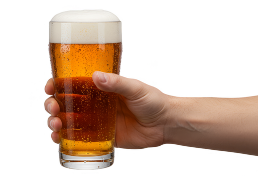 Isolated Transparent Background Hand Holding Glass of Golden Beer
