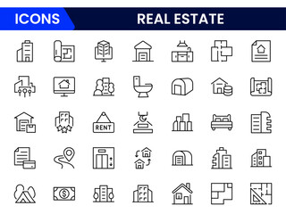 Modern vector web line icons showcasing real estate, properties, housing, mortgages, and architectural elements for home and investment.