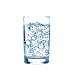 A clear glass filled with sparkling water and many bubbles on a black background