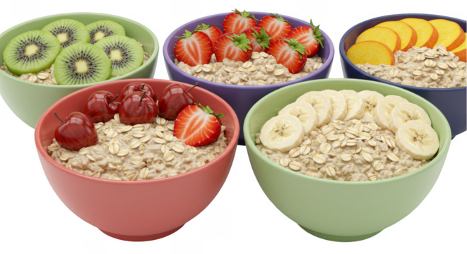 Isolated Transparent Background Image of Oatmeal Bowls Topped with Fruits