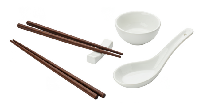 Isolated Still Life Chopsticks Spoon and Bowl on Transparent Background