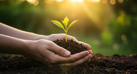 Nurturing New Life Hands Gently Holding a Young Sprout Emerging from Rich Soil, Bathed in Golden Sunlight